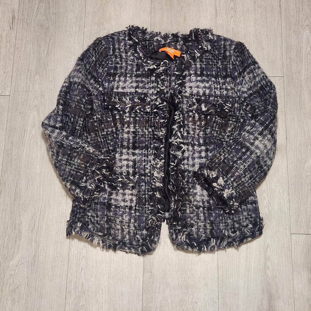 Joe Fresh Black & White Tweed Fringe Jacket - Size 10